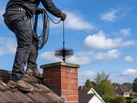 Round brush lowered into a brick chimney during a Lakewood flue cleaning