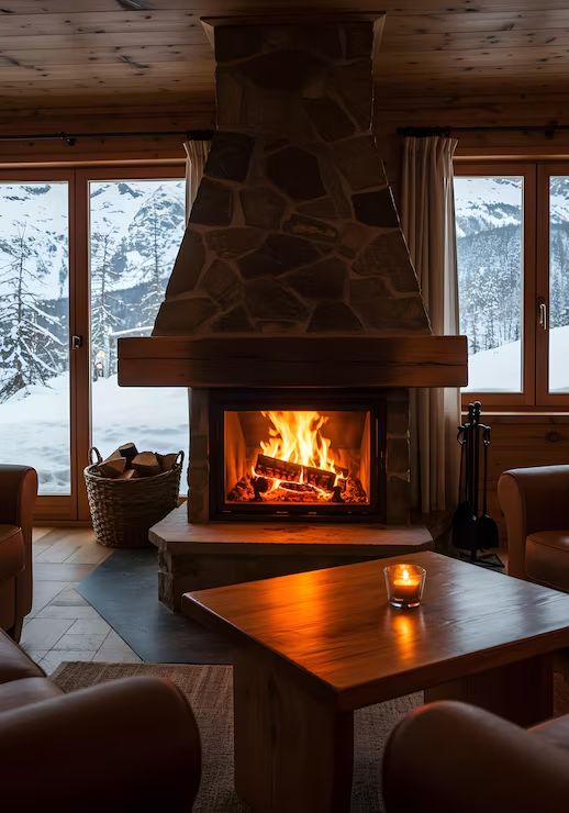 Stone fireplace with an efficient insert burning behind glass
